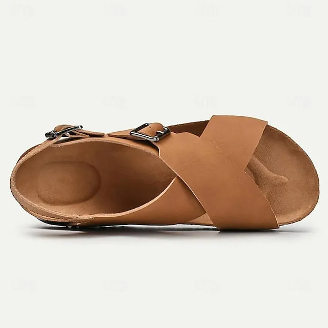 Men's Leather Flat Sandals with Buckle for Breathable Summer Wear - 59 Street Vibes
