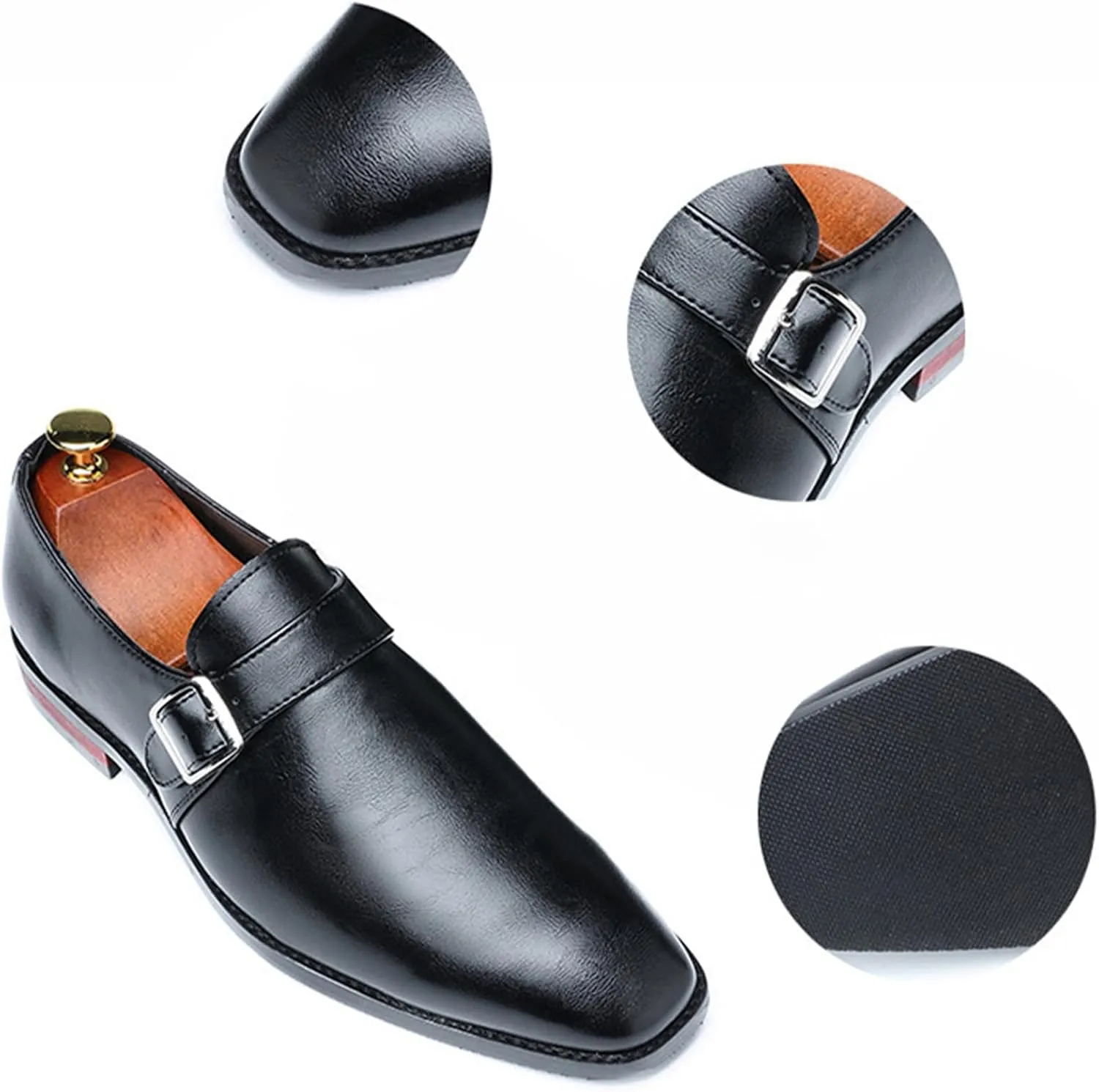 Men's Leather Monk Buckle Formal Oxford Shoes Round Toe Slip-On Fashion Low Top Casual Business Formal Shoes