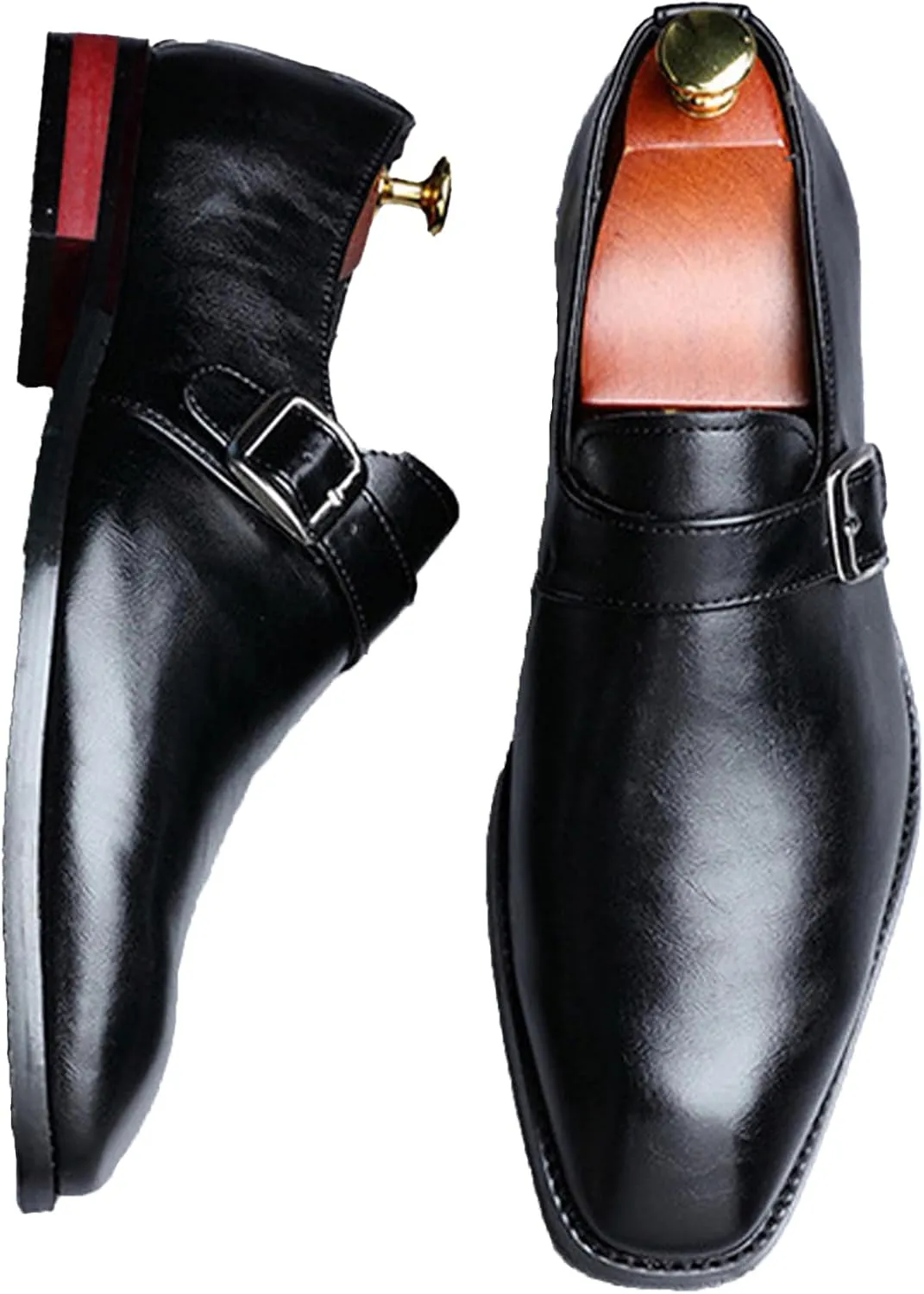 Men's Leather Monk Buckle Formal Oxford Shoes Round Toe Slip-On Fashion Low Top Casual Business Formal Shoes