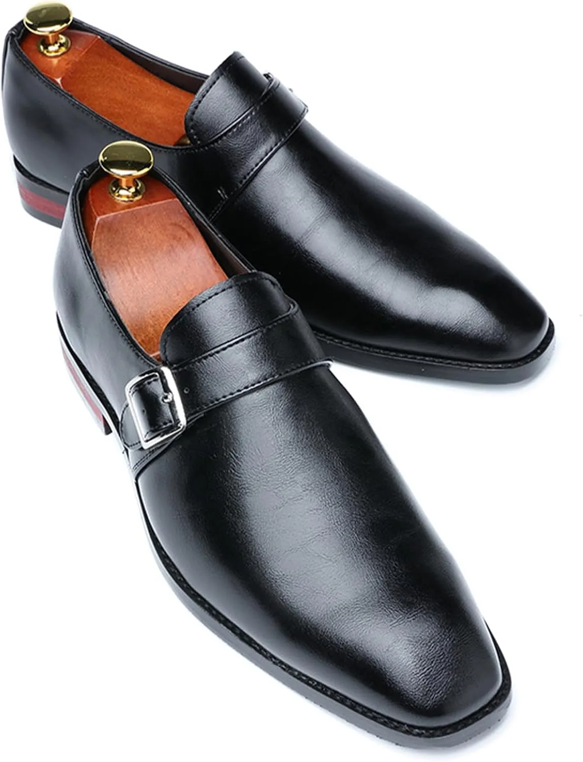 Men's Leather Monk Buckle Formal Oxford Shoes Round Toe Slip-On Fashion Low Top Casual Business Formal Shoes