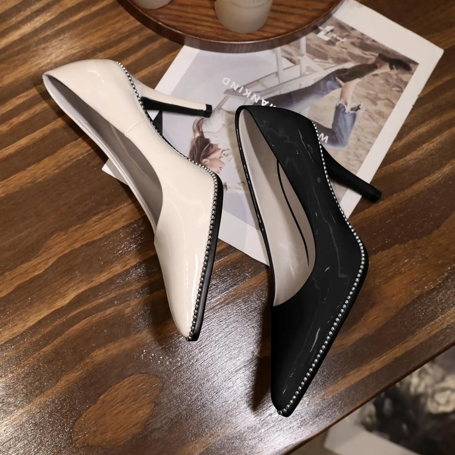 Mettesally Women's Stiletto High Heels Slip on Pumps Closed Pointed Toe Beaded Pump Shoes Casual Party Dress Shoes 3.5 Inch
