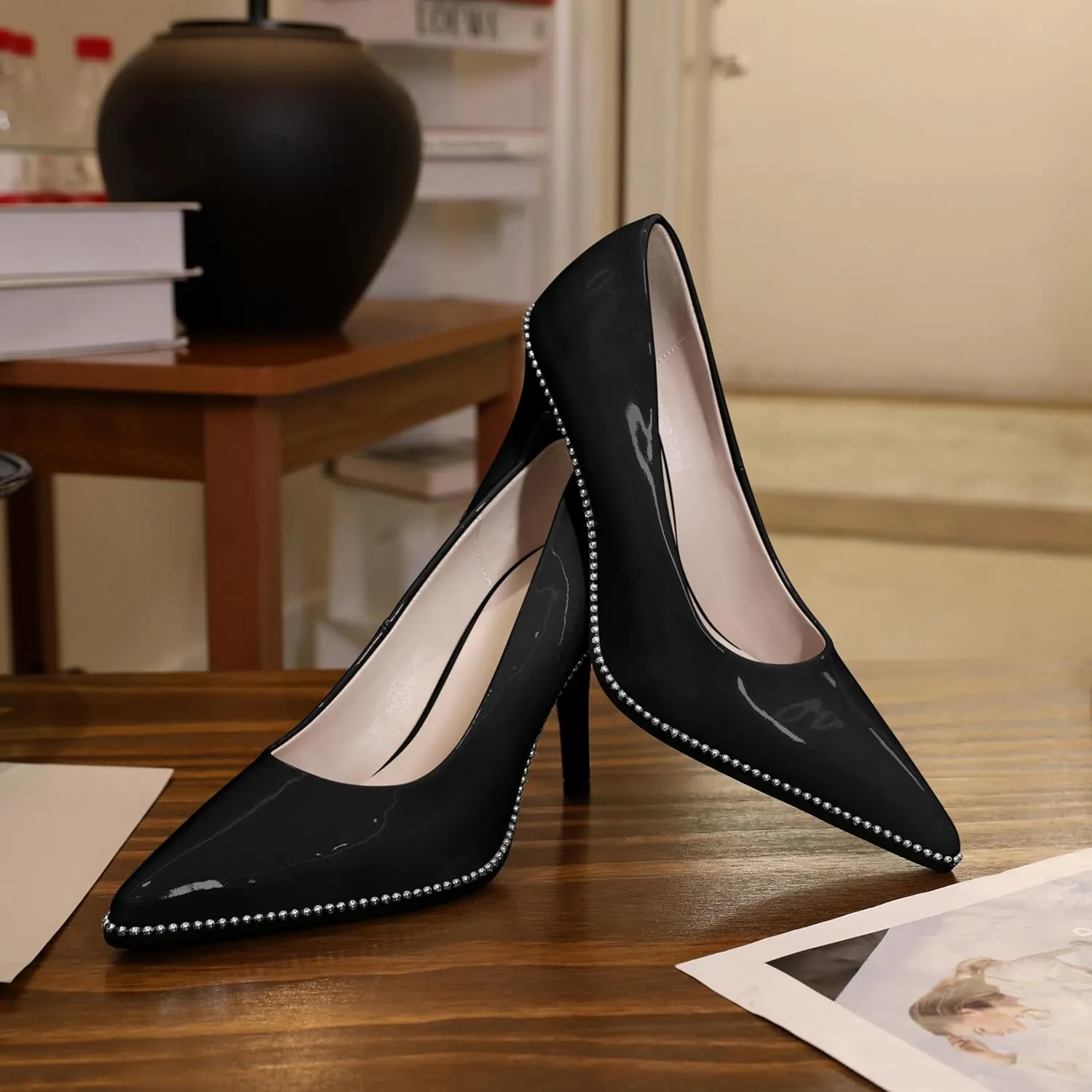 Mettesally Women's Stiletto High Heels Slip on Pumps Closed Pointed Toe Beaded Pump Shoes Casual Party Dress Shoes 3.5 Inch
