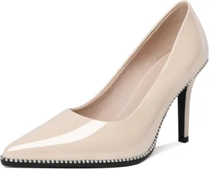 Mettesally Women's Stiletto High Heels Slip on Pumps Closed Pointed Toe Beaded Pump Shoes Casual Party Dress Shoes 3.5 Inch