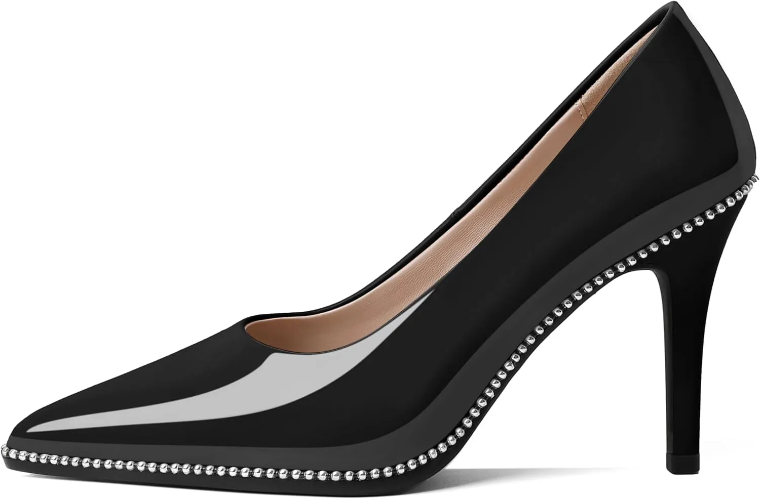 Mettesally Women's Stiletto High Heels Slip on Pumps Closed Pointed Toe Beaded Pump Shoes Casual Party Dress Shoes 3.5 Inch
