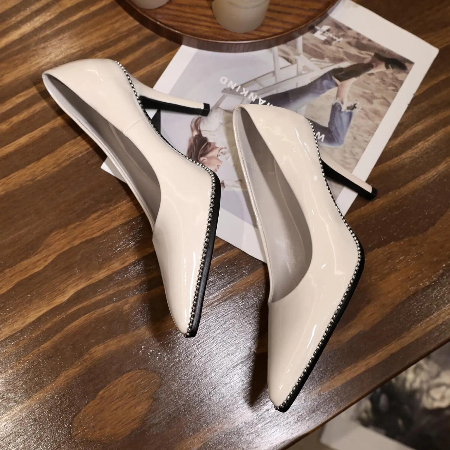 Mettesally Women's Stiletto High Heels Slip on Pumps Closed Pointed Toe Beaded Pump Shoes Casual Party Dress Shoes 3.5 Inch