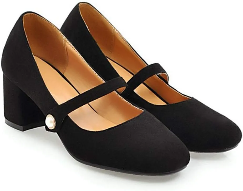 MIOKE Women's Square Toe Mary Jane Pumps Pearl Strap Suede Slip On Chunky Mid Heel Casual Dress Office Shoes