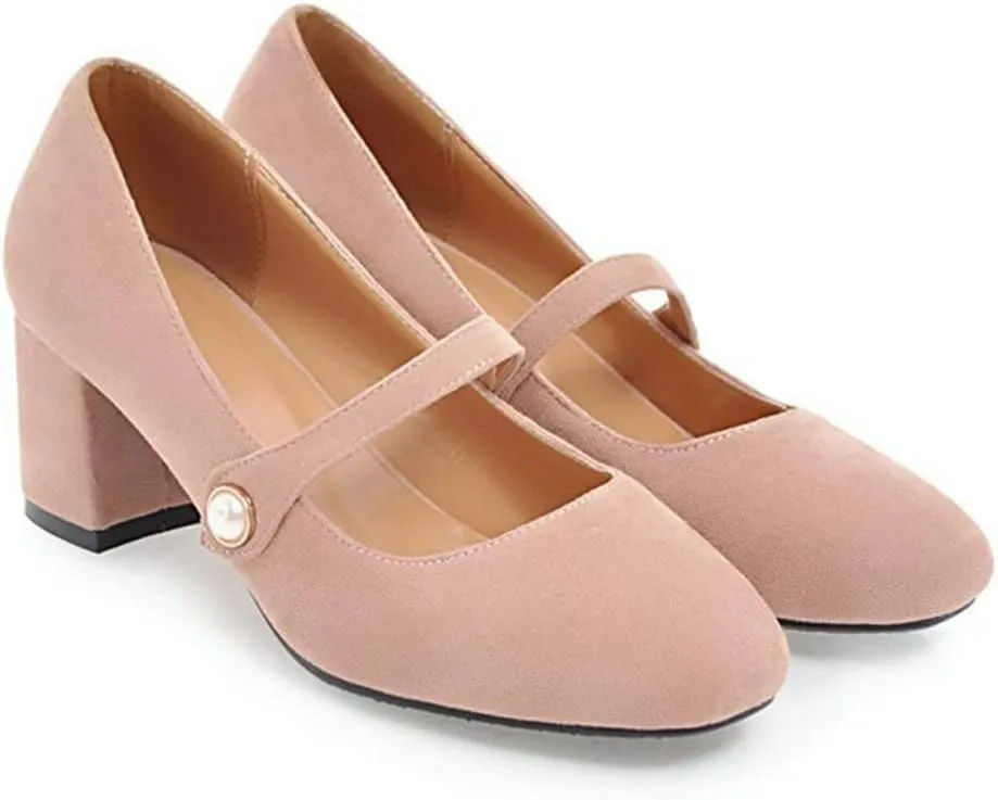MIOKE Women's Square Toe Mary Jane Pumps Pearl Strap Suede Slip On Chunky Mid Heel Casual Dress Office Shoes