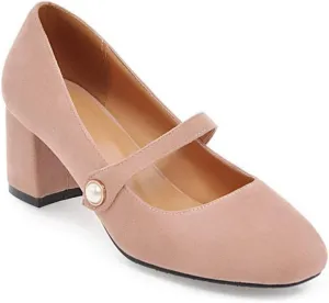 MIOKE Women's Square Toe Mary Jane Pumps Pearl Strap Suede Slip On Chunky Mid Heel Casual Dress Office Shoes