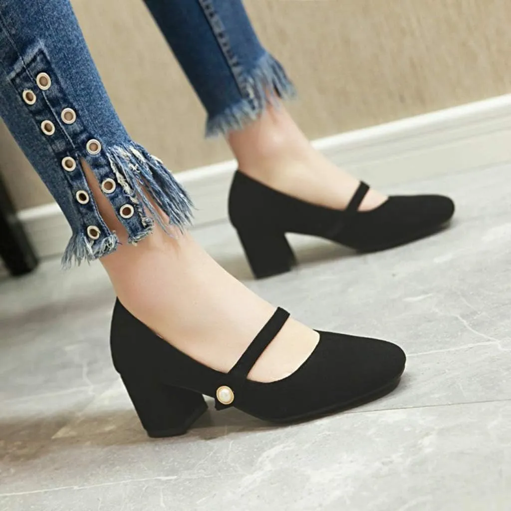 MIOKE Women's Square Toe Mary Jane Pumps Pearl Strap Suede Slip On Chunky Mid Heel Casual Dress Office Shoes