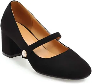 MIOKE Women's Square Toe Mary Jane Pumps Pearl Strap Suede Slip On Chunky Mid Heel Casual Dress Office Shoes