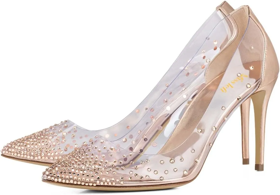miss left Womens Closed Pointy Toe Stiletto Heel Pumps Mid High Heeled Slip On Rhinestones Shoes for Daily Party Ballroom Size 4-16 US
