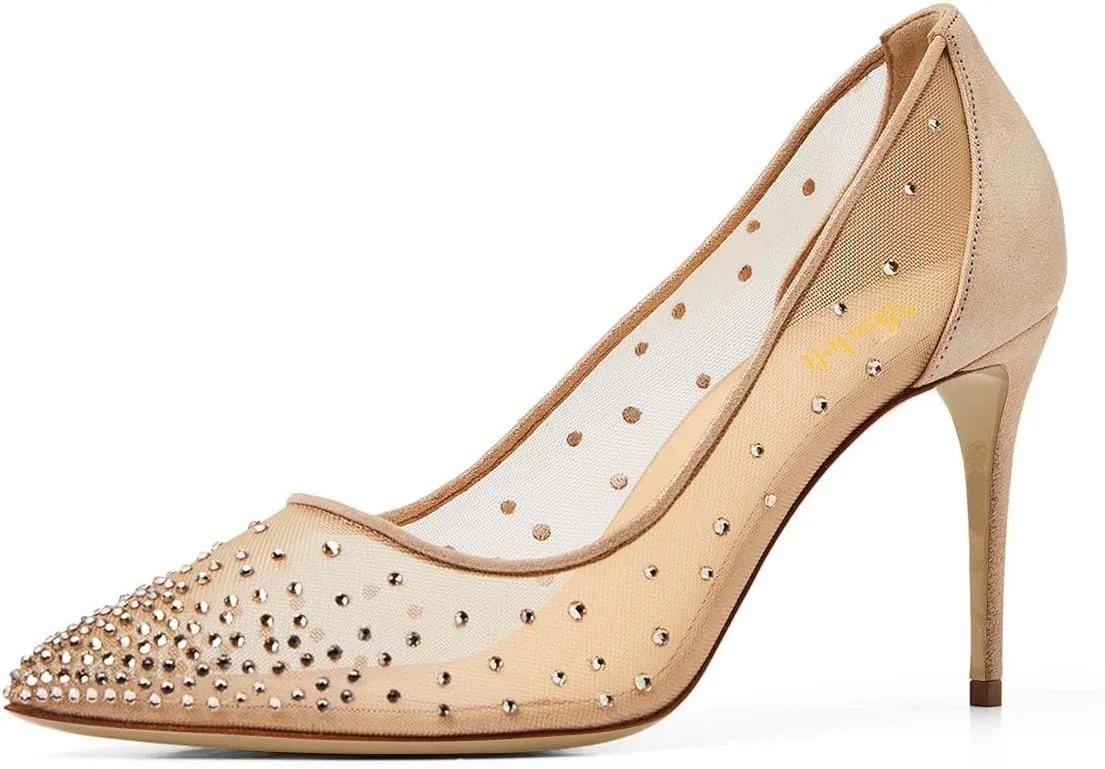 miss left Womens Closed Pointy Toe Stiletto Heel Pumps Mid High Heeled Slip On Rhinestones Shoes for Daily Party Ballroom Size 4-16 US