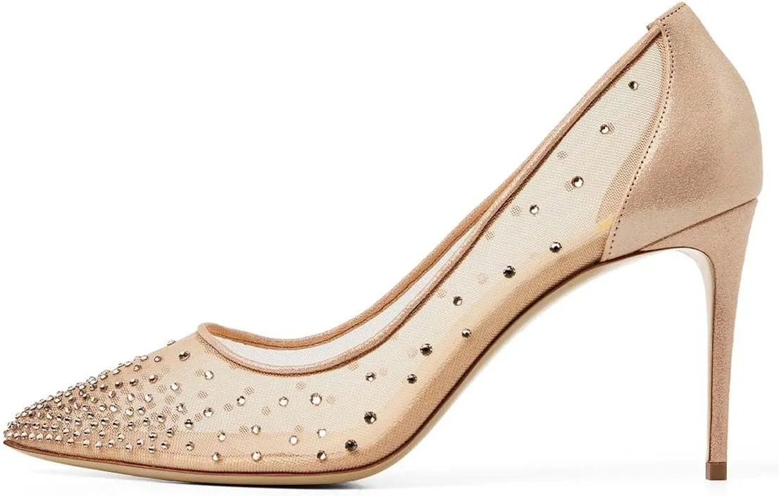 miss left Womens Closed Pointy Toe Stiletto Heel Pumps Mid High Heeled Slip On Rhinestones Shoes for Daily Party Ballroom Size 4-16 US