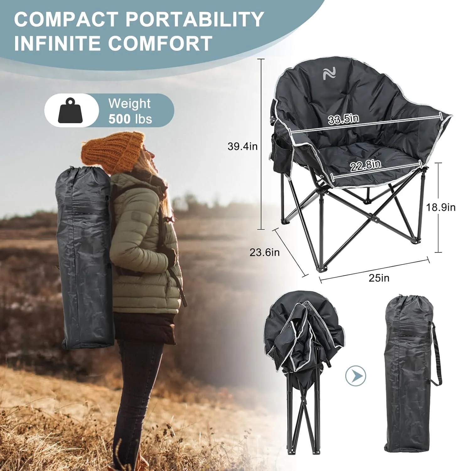 MOPHOTO Oversized Folding Camping Chair, Portable Oversize Camping Chairs for Adults, Fully Padded Folding Chairs Outdoor Sports, Lawn Chair Patio Lounge Chairs 500 LBS Capacity
