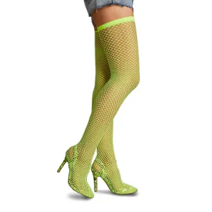 Neon Fishnet Thigh High Boots