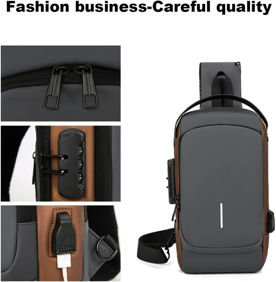 New Carbon Fiber Streamline Anti-Theft Sling Bag, USB Charging Waterproof Crossbody Backpack for Travel, Gym, Sports (Grey Brown)