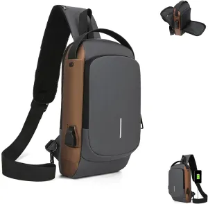 New Carbon Fiber Streamline Anti-Theft Sling Bag, USB Charging Waterproof Crossbody Backpack for Travel, Gym, Sports (Grey Brown)