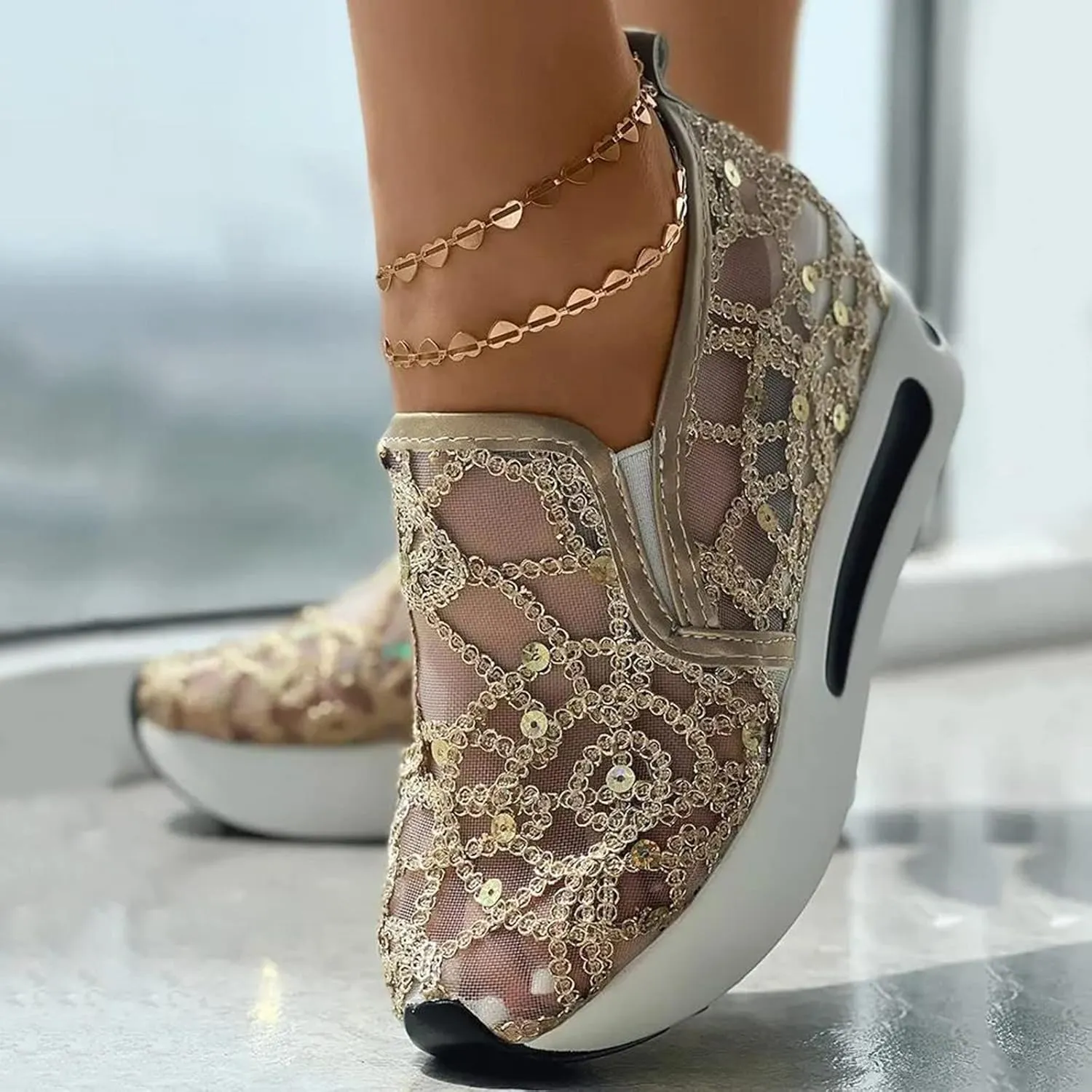 Ohxixhia Wedge Floral Walking Shoes Embroidery Floral Mesh Lace Chunky Sneakers Slip On Arch Support Shoes Fashion Sneakers