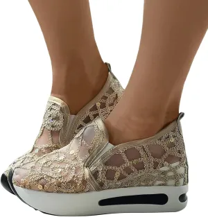 Ohxixhia Wedge Floral Walking Shoes Embroidery Floral Mesh Lace Chunky Sneakers Slip On Arch Support Shoes Fashion Sneakers