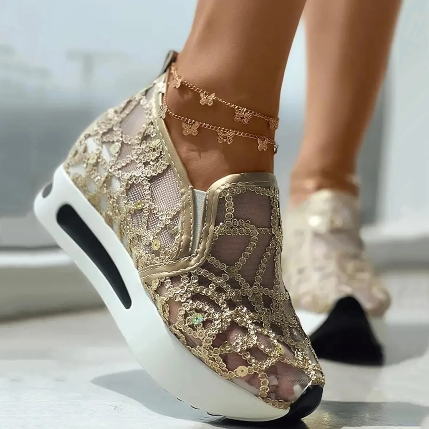 Ohxixhia Wedge Floral Walking Shoes Embroidery Floral Mesh Lace Chunky Sneakers Slip On Arch Support Shoes Fashion Sneakers