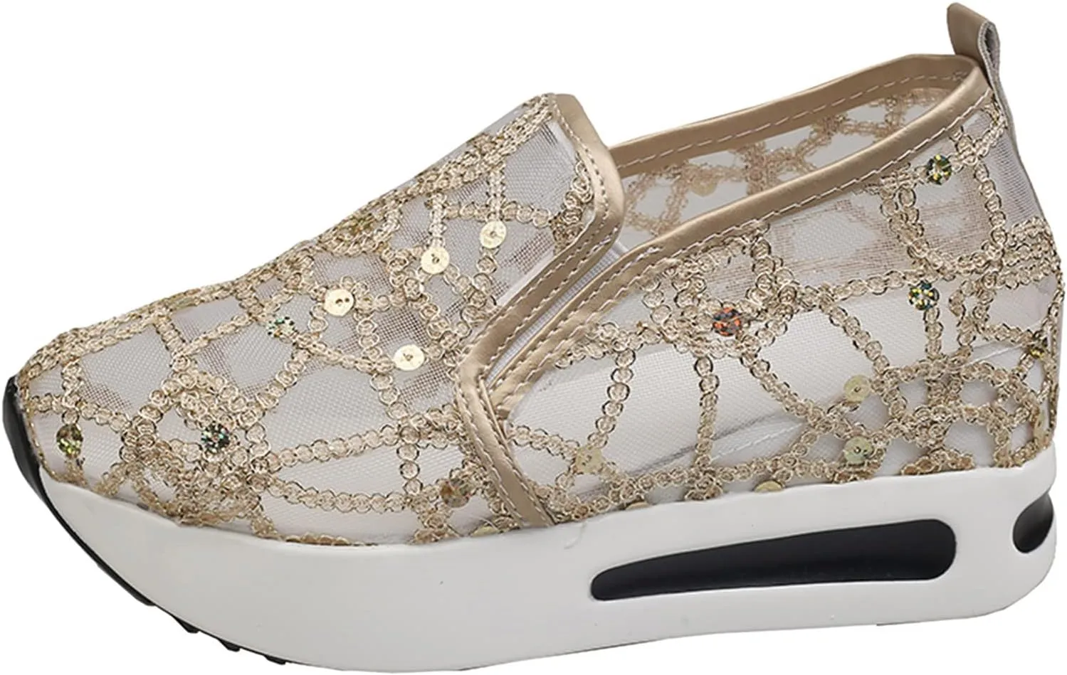 Ohxixhia Wedge Floral Walking Shoes Embroidery Floral Mesh Lace Chunky Sneakers Slip On Arch Support Shoes Fashion Sneakers