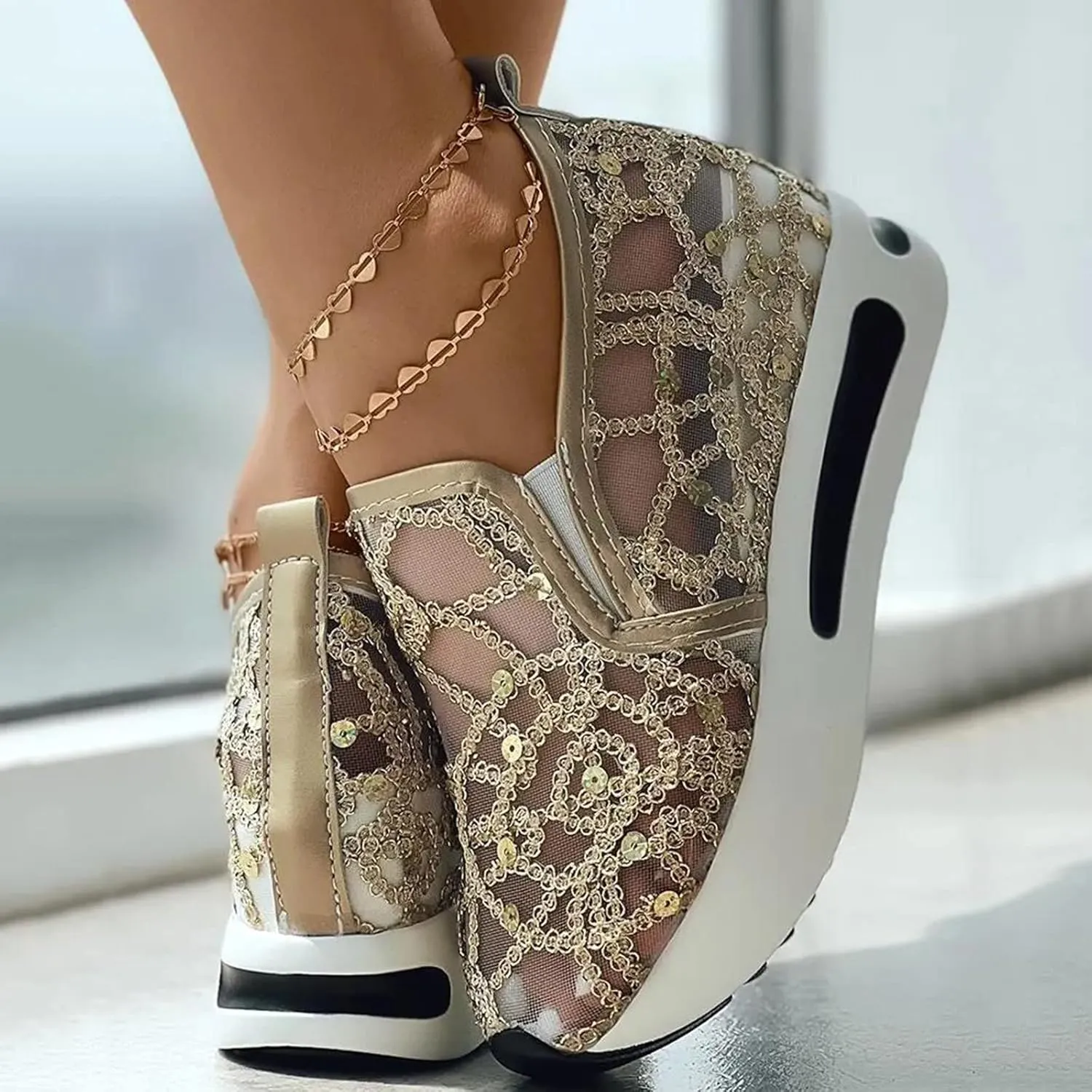 Ohxixhia Wedge Floral Walking Shoes Embroidery Floral Mesh Lace Chunky Sneakers Slip On Arch Support Shoes Fashion Sneakers