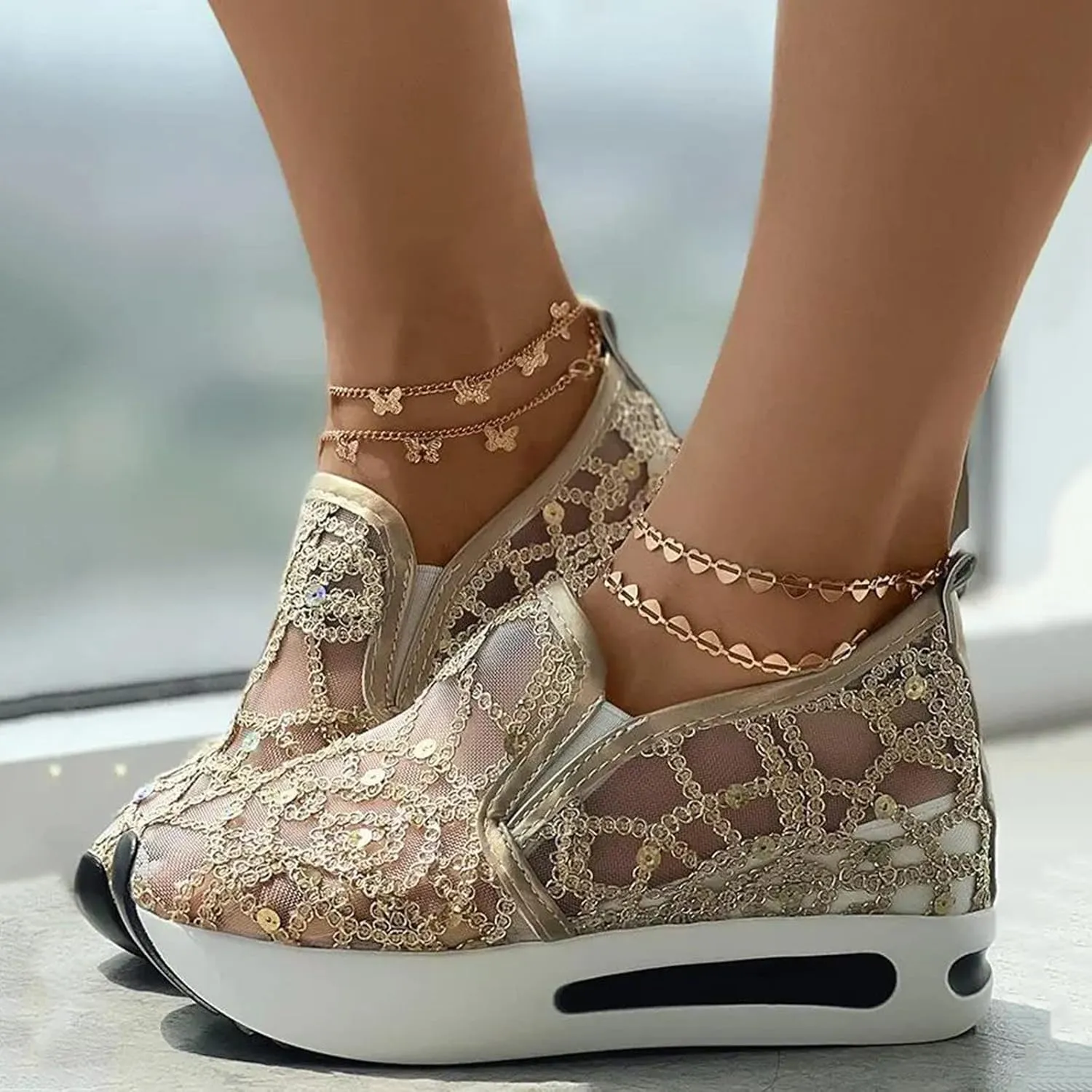 Ohxixhia Wedge Floral Walking Shoes Embroidery Floral Mesh Lace Chunky Sneakers Slip On Arch Support Shoes Fashion Sneakers
