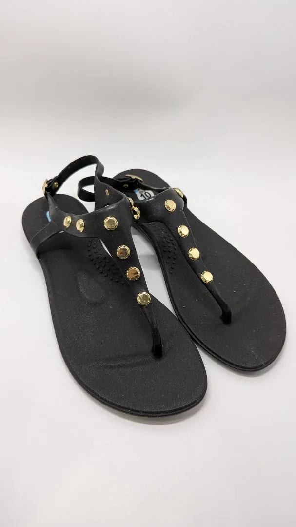 Oka Black/Gold Studded T-Strap Sandals
