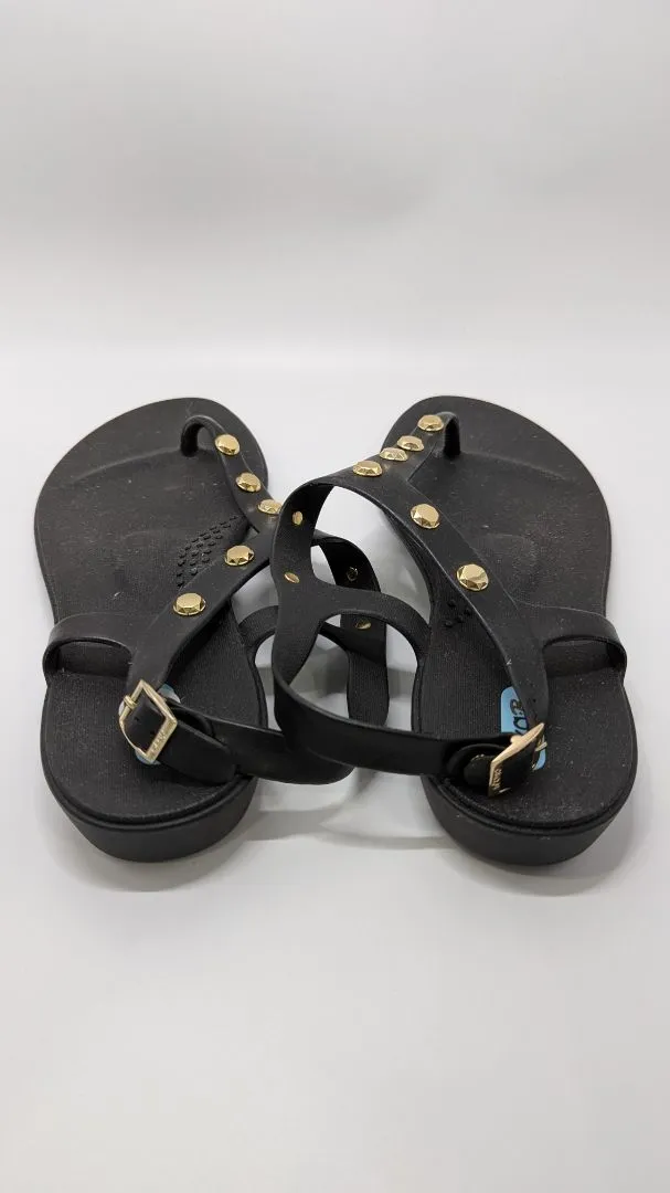 Oka Black/Gold Studded T-Strap Sandals