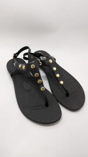 Oka Black/Gold Studded T-Strap Sandals