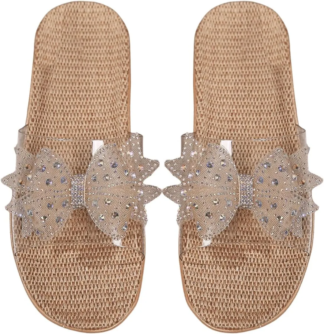 OYOANGLE Women's Rhinestone Sparkly Bow Slide Sandals Open Toe Clear Flat Sandal Dressy Casual Slippers