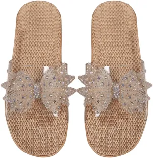 OYOANGLE Women's Rhinestone Sparkly Bow Slide Sandals Open Toe Clear Flat Sandal Dressy Casual Slippers
