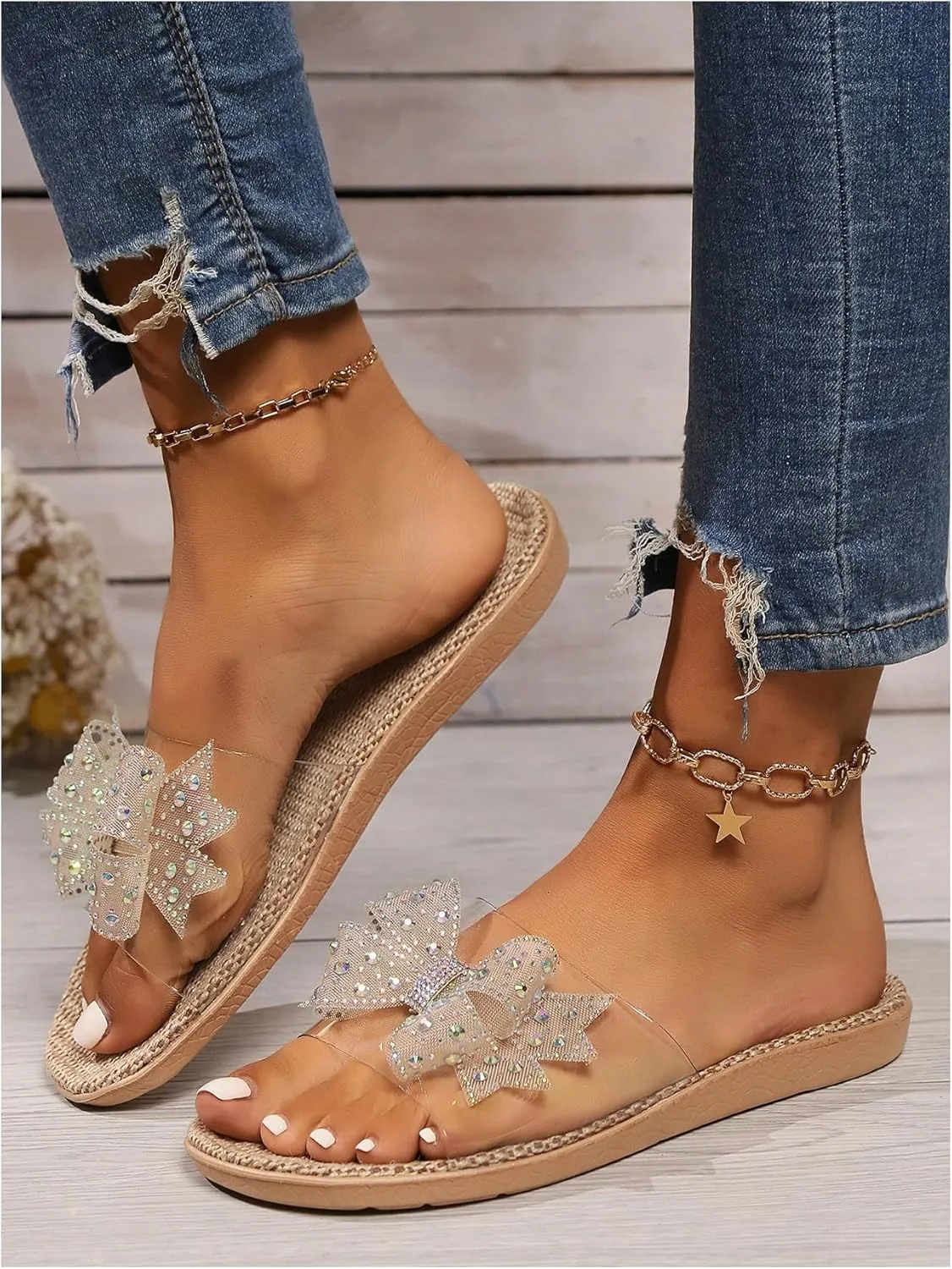 OYOANGLE Women's Rhinestone Sparkly Bow Slide Sandals Open Toe Clear Flat Sandal Dressy Casual Slippers