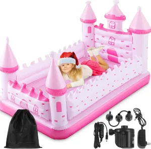 Pink Castle Toddler Travel Bed with Safety Bumper and Air Mattress Inflatable Toddler Bed Portable Air Mattress with Pump for Vacation Hotel Home Sleepover Kids Birthday Gift