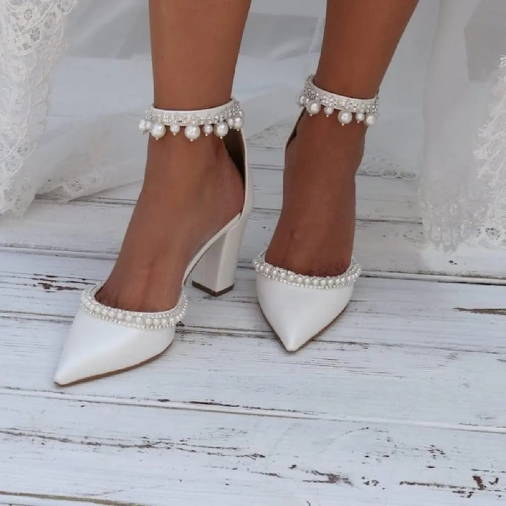 Pointed Toe Pumps High Heel Ankle Strap Dress Shoes Wedding Party Pump with Pearl 3.54”