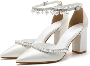 Pointed Toe Pumps High Heel Ankle Strap Dress Shoes Wedding Party Pump with Pearl 3.54”