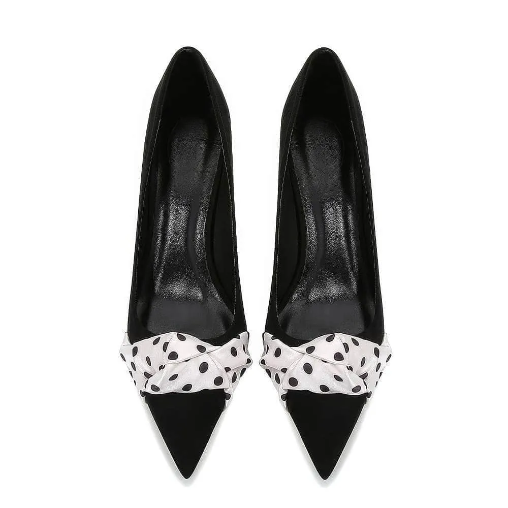 Polka Dot Ruched Scarf Detail Suede Pump Heels