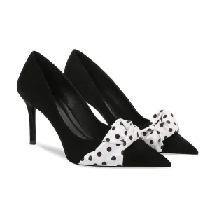 Polka Dot Ruched Scarf Detail Suede Pump Heels