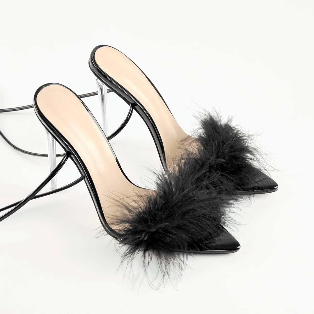 Richealnana Women's Fluffy Feather Pointed Toe Clear Heels Sandals
