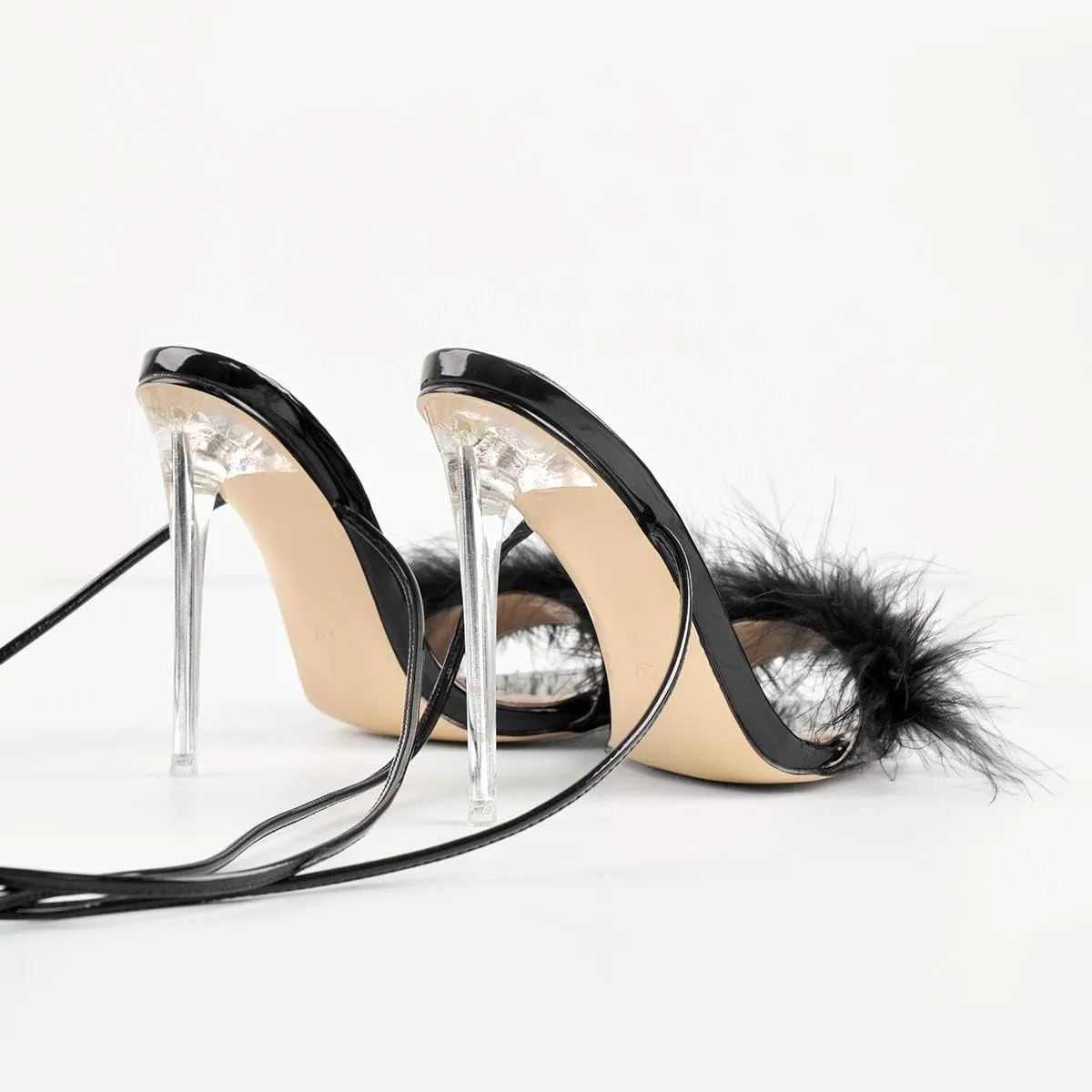Richealnana Women's Fluffy Feather Pointed Toe Clear Heels Sandals