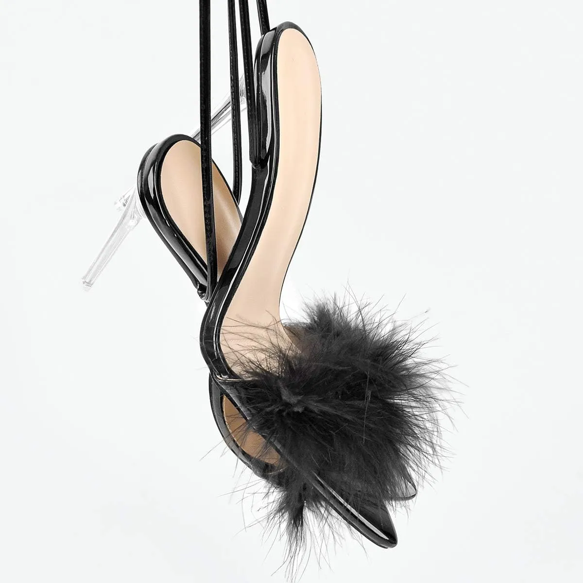 Richealnana Women's Fluffy Feather Pointed Toe Clear Heels Sandals