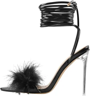 Richealnana Women's Fluffy Feather Pointed Toe Clear Heels Sandals