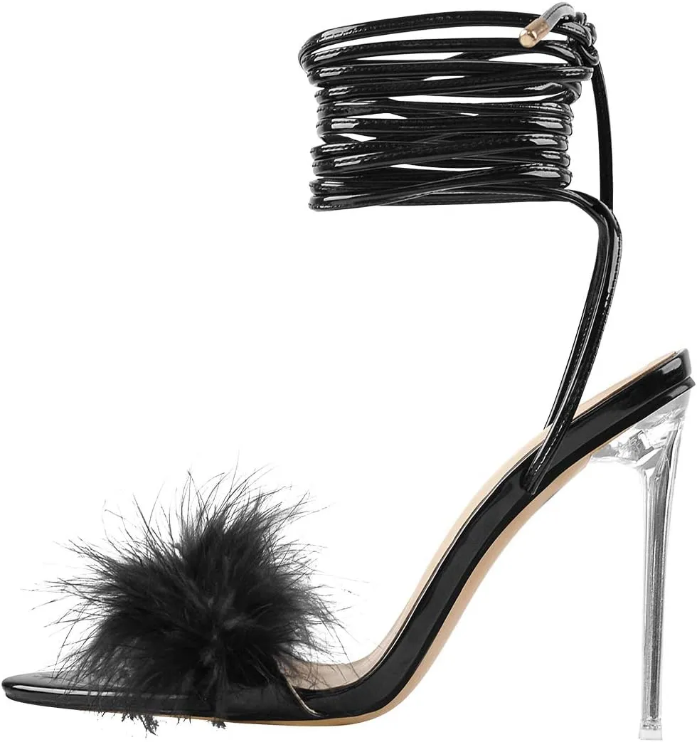 Richealnana Women's Fluffy Feather Pointed Toe Clear Heels Sandals