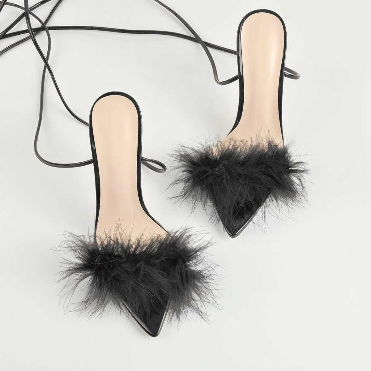 Richealnana Women's Fluffy Feather Pointed Toe Clear Heels Sandals