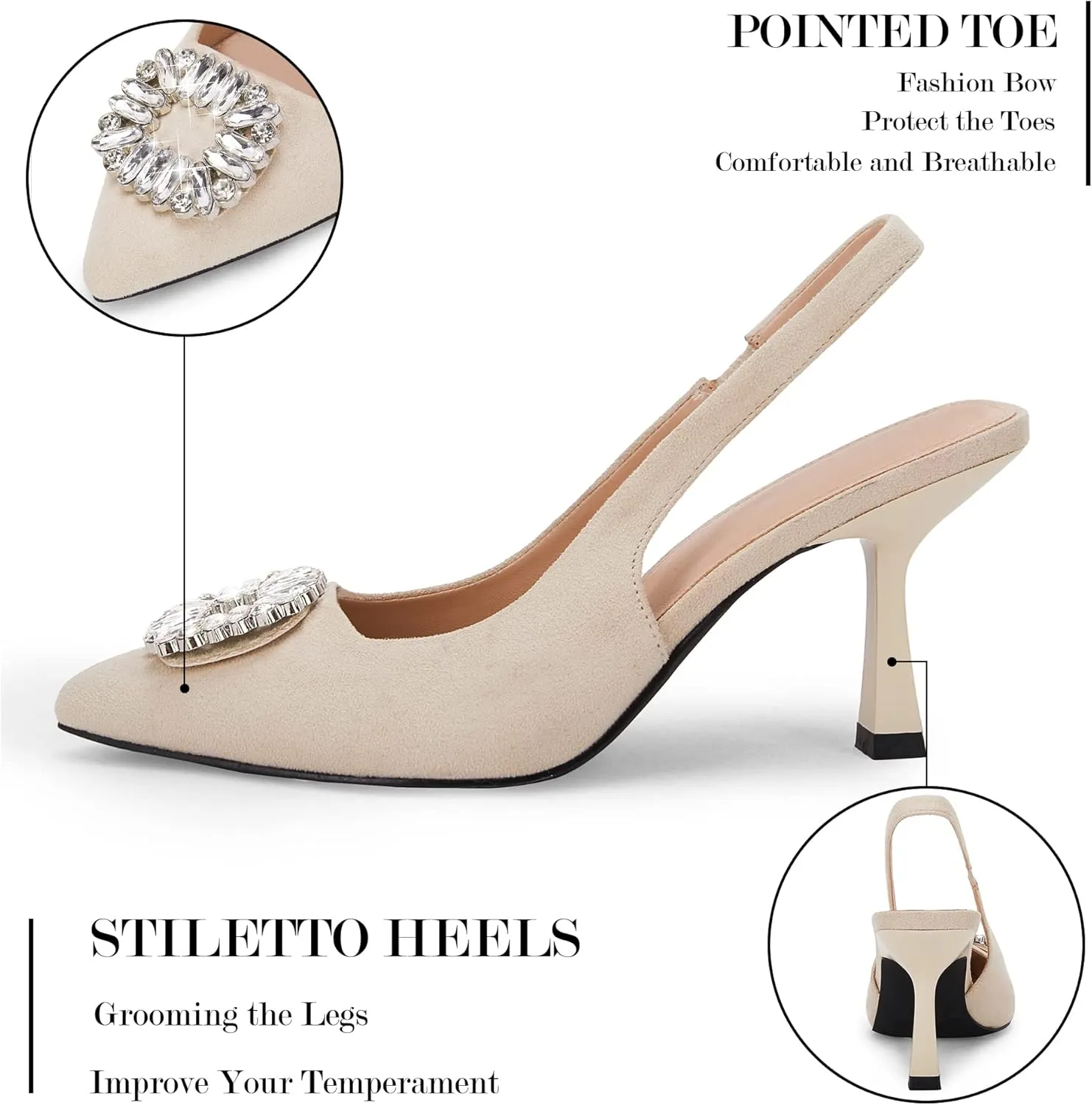 Rilista Women's Slingback Heels Rhinestone Closed Pointed Toe Wedding Party Dress Pumps Shoes