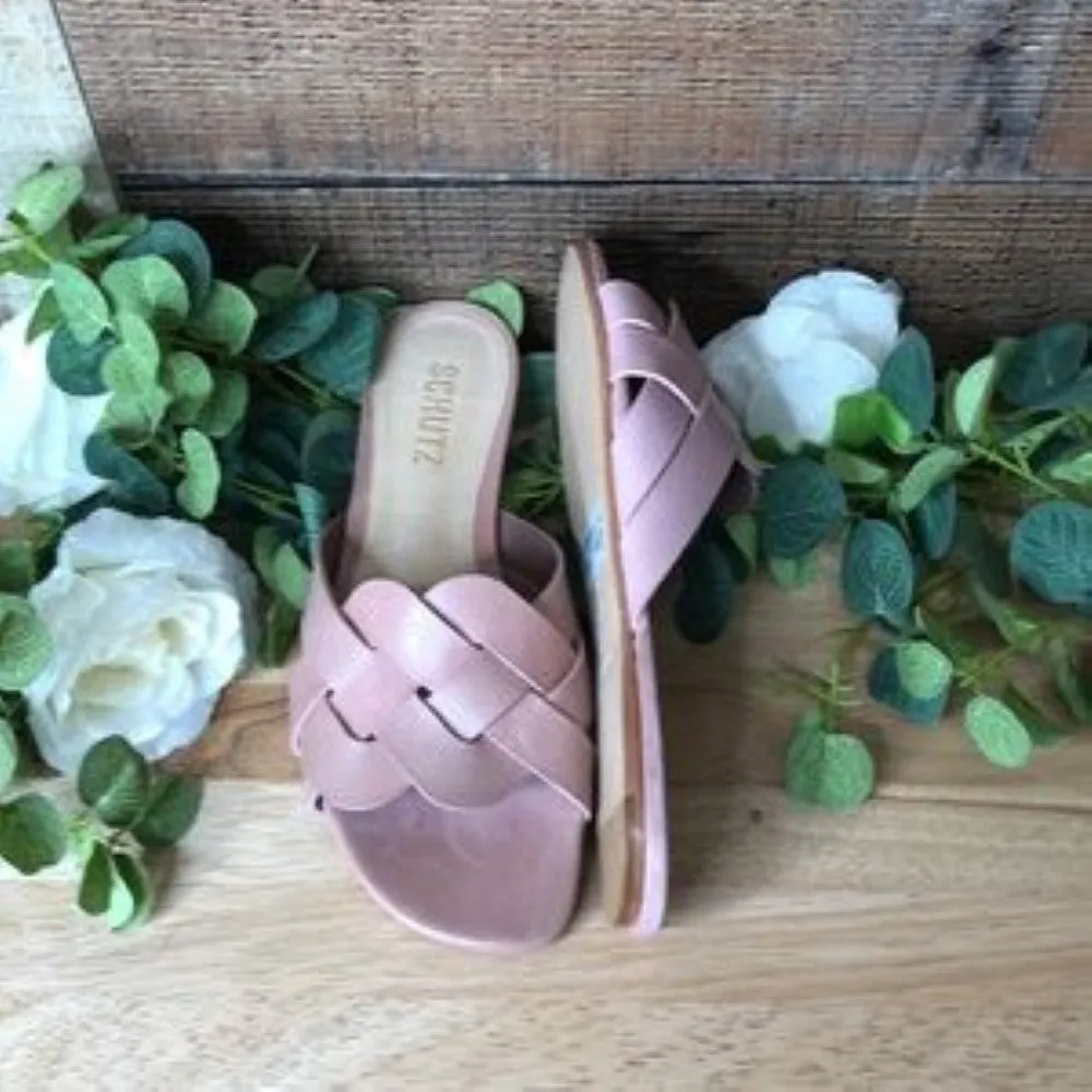 Schutz Tari Braided Slide Sandal in Sweet Rose Leather , Size 6