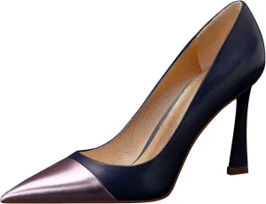 Sexy Stiletto Pumps, 3.54Inch Genuine Leather High Heels for Women Closed Toe, Slip-On Horseshoe Heel Shoes for Work, Wedding