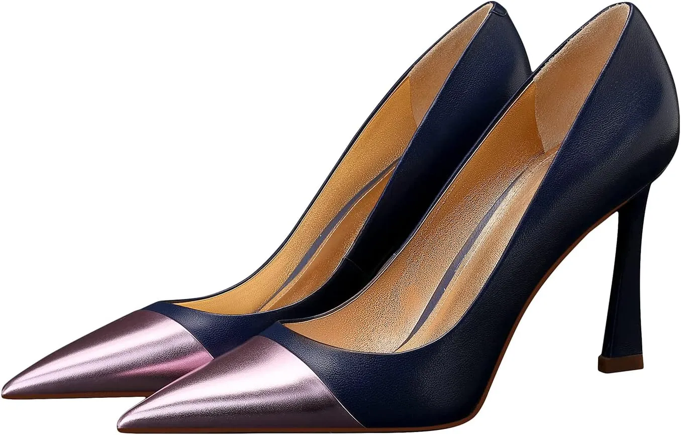 Sexy Stiletto Pumps, 3.54Inch Genuine Leather High Heels for Women Closed Toe, Slip-On Horseshoe Heel Shoes for Work, Wedding