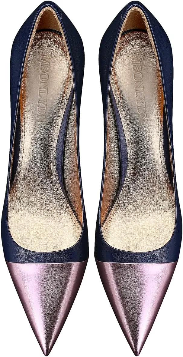 Sexy Stiletto Pumps, 3.54Inch Genuine Leather High Heels for Women Closed Toe, Slip-On Horseshoe Heel Shoes for Work, Wedding