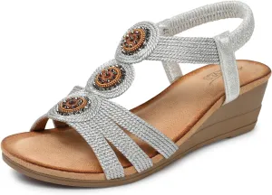 SHIBEVER Womens Sandals Wedge Low: Open Toe Elastic Ankle Strap Wedge Sandal - Dressy Sandals Women - Comfortable Summer